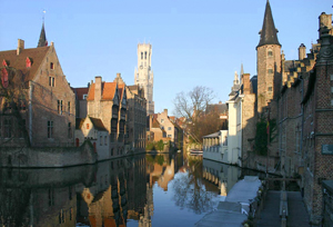 Bruges, view on the Rozenhoedkaai, with in the background the belfort tower. By Elke Wetzig
